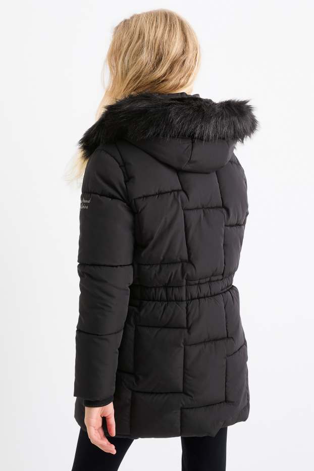Children Girls - Quilted jacket with hood and faux fur trim - black