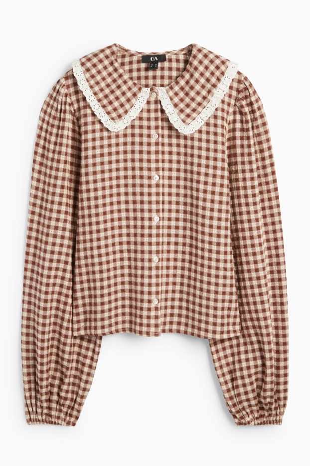 Women - Blouse - check - brown