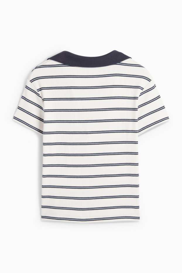 Damen - Crop Poloshirt - Slim Fit - gerippt - gestreift - blau / weiss