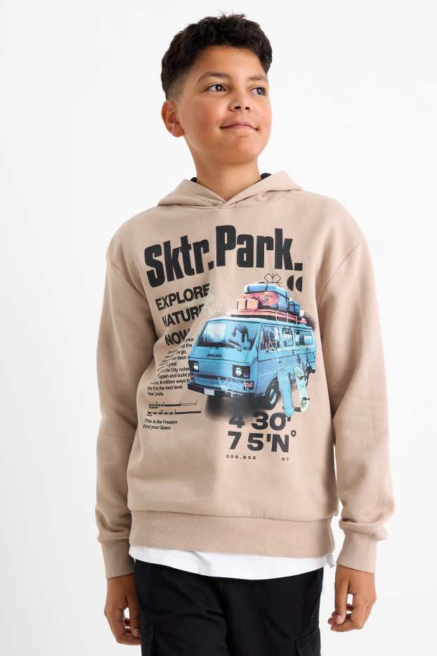 Kinder Buben - Skateboard und Camper - Hoodie - beige