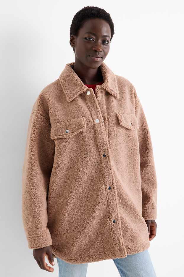 Donna - Camicia shacket effetto peluche - marrone chiaro