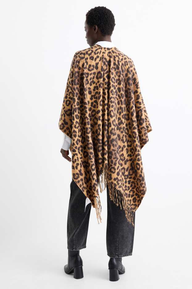 Women - Fringed poncho - leopard print - black / beige