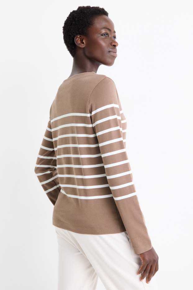 Women - Basic long sleeve top - striped - light brown
