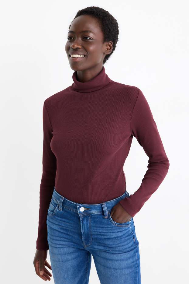 Damen - Rollkragenshirt - gerippt - bordeaux