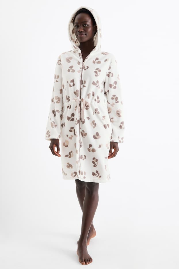 Women - Bathrobe with hood - leopard print - white
