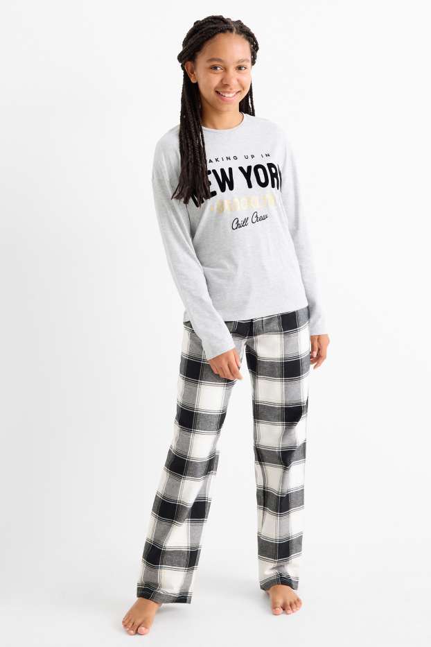 Kinder Mädchen - New York - Pyjama mit Flanellhose - 2 teilig - hellgrau-melange