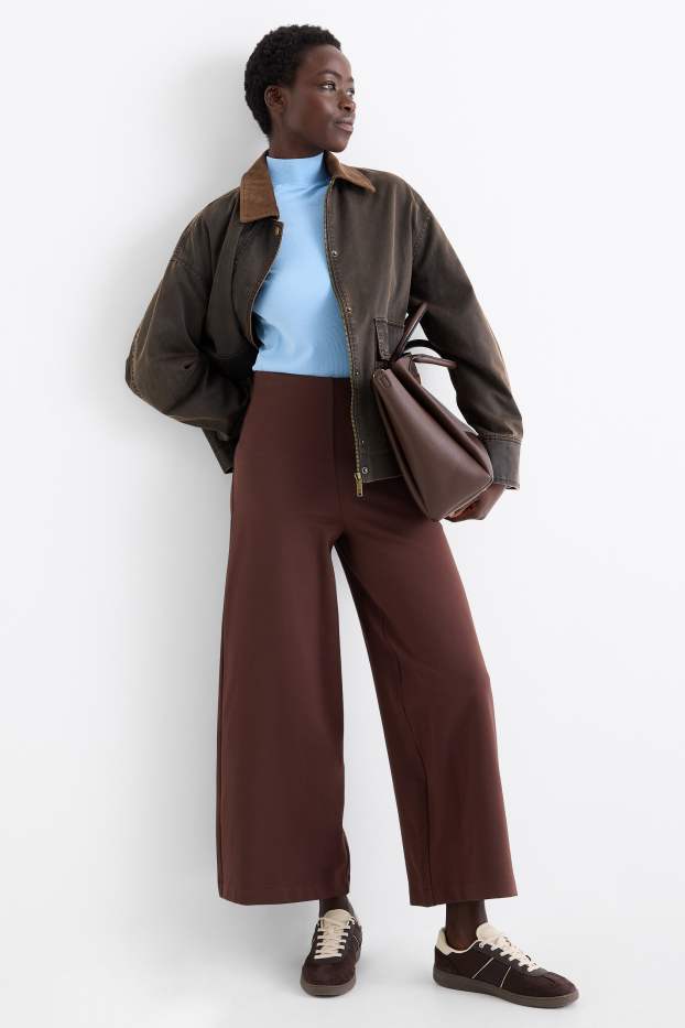 Damen - Jersey-Hose - High Waist - Wide Leg - dunkelbraun