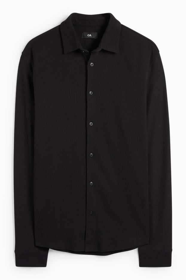 Men - Shirt - regular fit - kent collar - textured - black