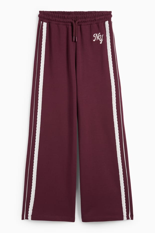 Kinderen: meisjes - New York - joggingbroek - Broderie Anglaise - bordeaux