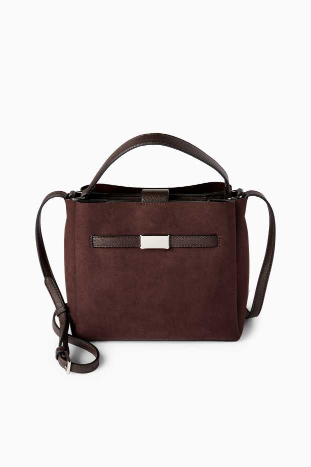Femei - Geantă shopper mică - imitație de piele întoarsă - maro închis