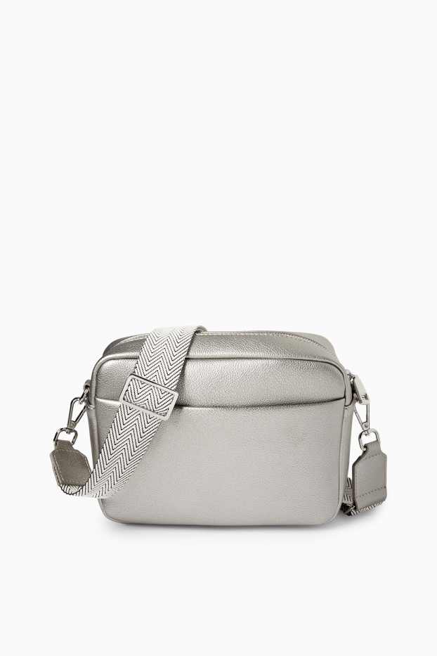 Women - Crossbody bag with detachable bag strap - faux leather - silver