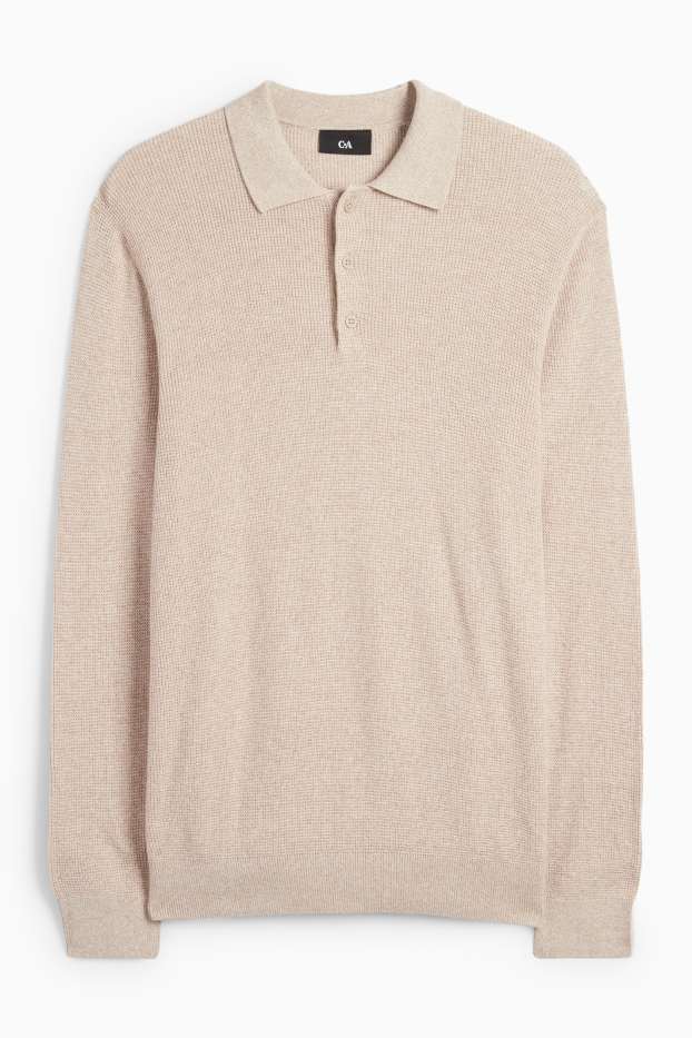 Hommes - Polo à manches longues - regular fit - en maille - finition texturée - beige clair