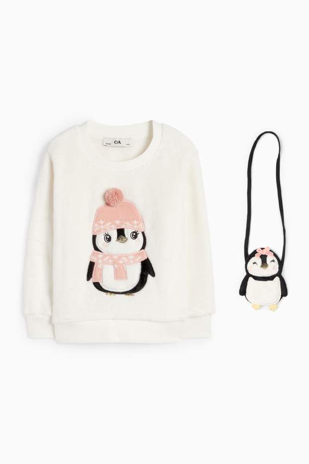 Kinderen: meisjes - Pinguïn - set - sweatshirt en schoudertasje - 2-delig - crème wit