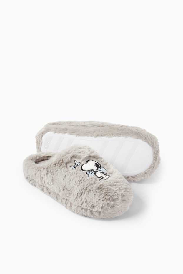 Women - Faux fur slippers - Snoopy - gray