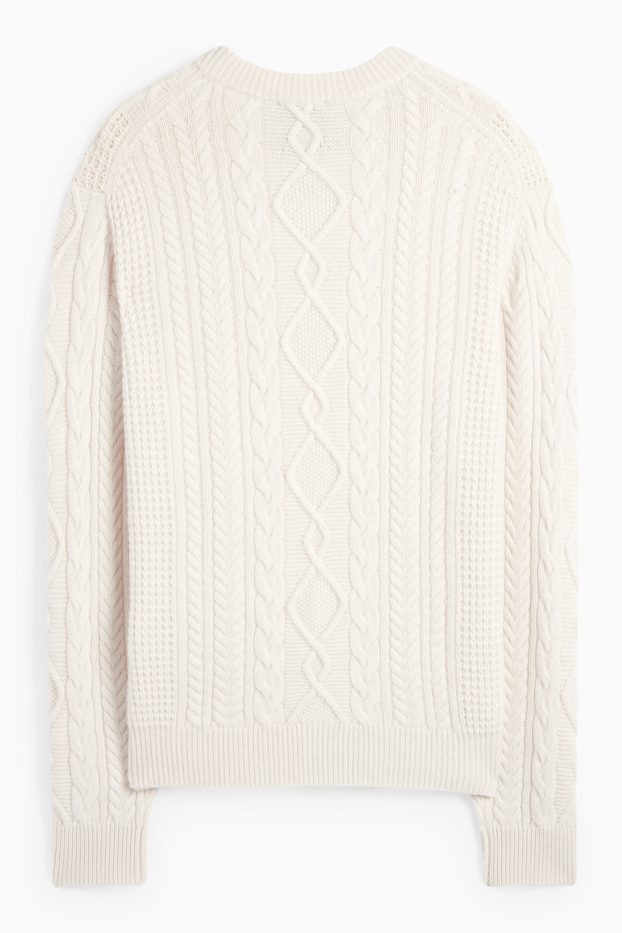 Hommes - Pull en cachemire mélangé - laine mélangée - motif tressé - blanc crème