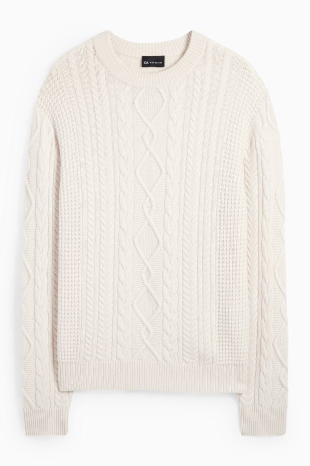 Hommes - Pull en cachemire mélangé - laine mélangée - motif tressé - blanc crème