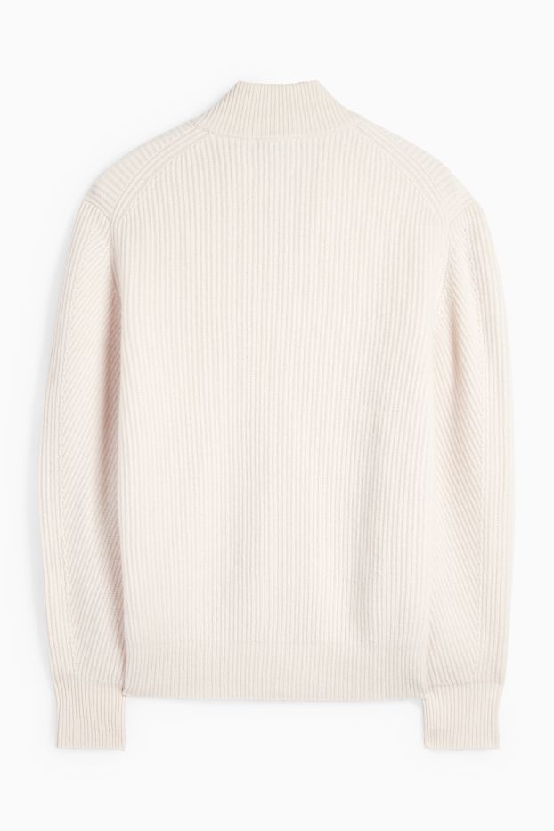 Herren - Strickjacke mit Kaschmir-Anteil - Woll-Mix - gerippt - cremeweiß
