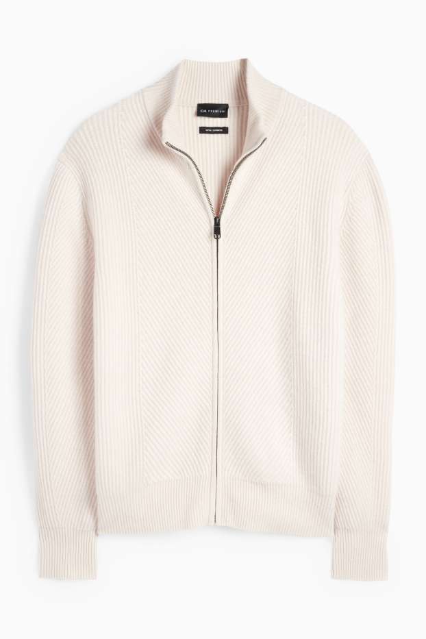 Herren - Strickjacke mit Kaschmir-Anteil - Woll-Mix - gerippt - cremeweiß