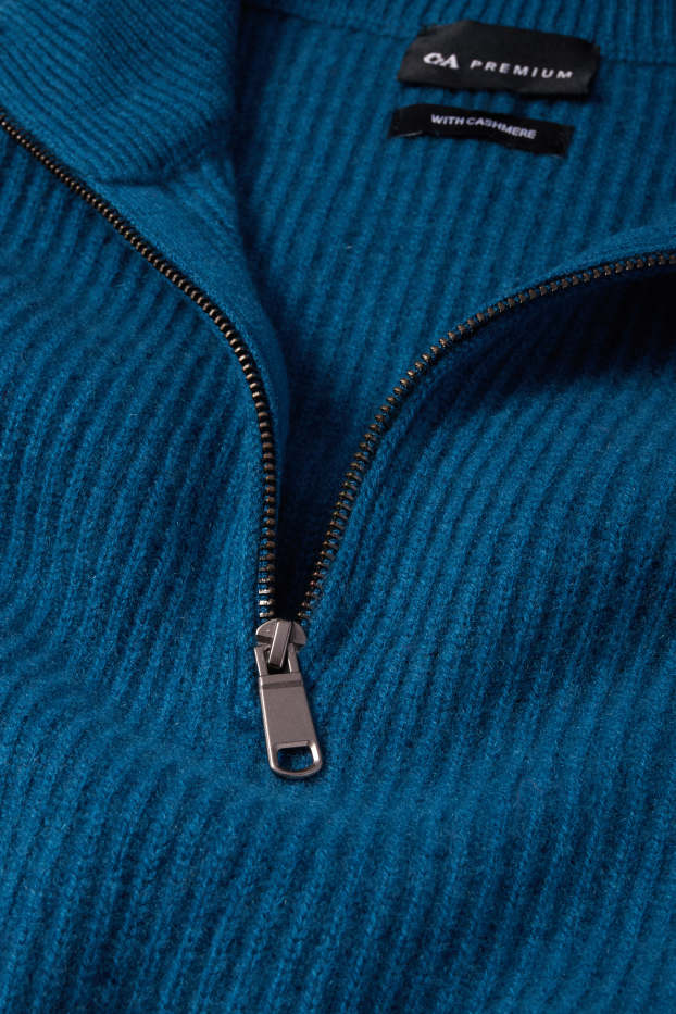Herren - Pullover mit Kaschmir-Anteil - Woll-Mix - gerippt - dunkelblau