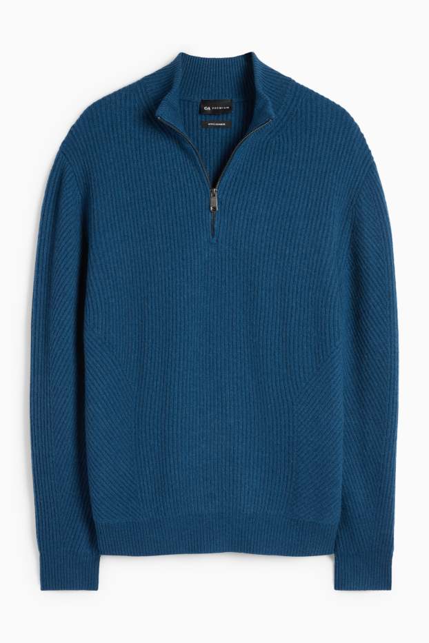 Men - Jumper with cashmere content - wool blend - ribbed - dark blue