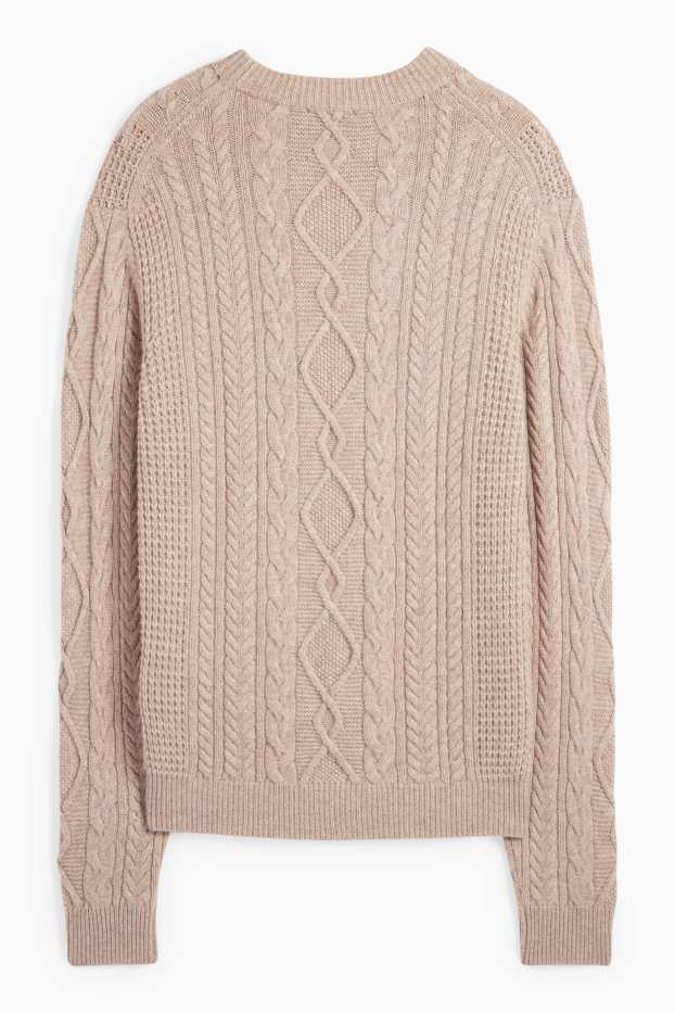 Herren - Pullover mit Kaschmir-Anteil - Woll-Mix - Zopfmuster - taupe