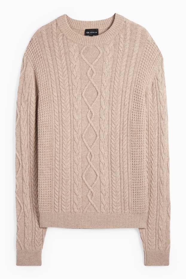 Herren - Pullover mit Kaschmir-Anteil - Woll-Mix - Zopfmuster - taupe