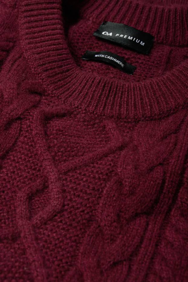 Hommes - Pull en cachemire mélangé - laine mélangée - motif tressé - bordeaux