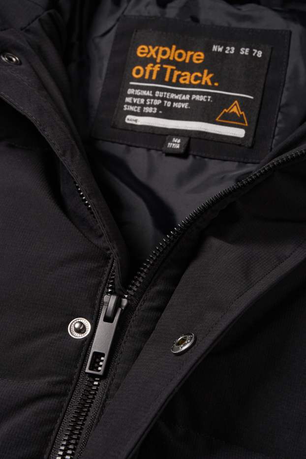 Niños - Chaqueta de plumas con capucha y pelo sintético - negro
