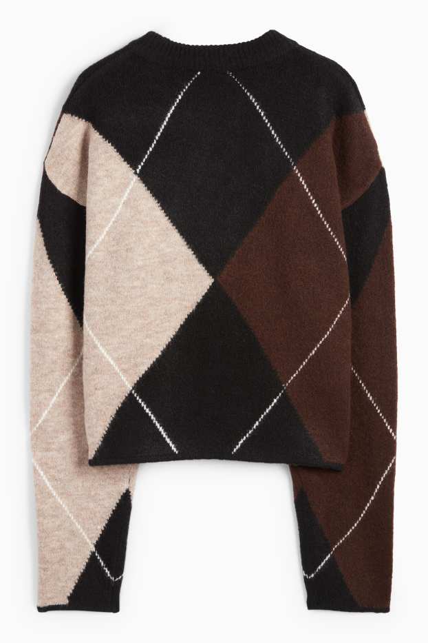 Dames - Trui - geruit - zwart / beige