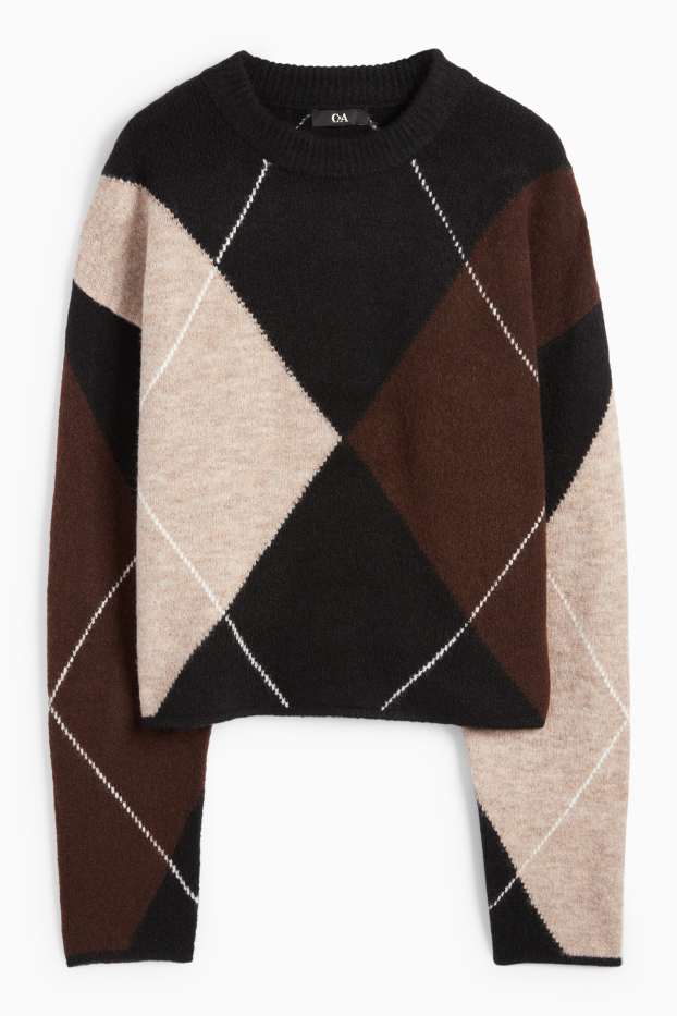 Dames - Trui - geruit - zwart / beige