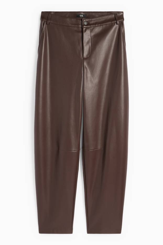Femmes - Pantalon - mid waist - barrel leg - matière synthétique - marron foncé