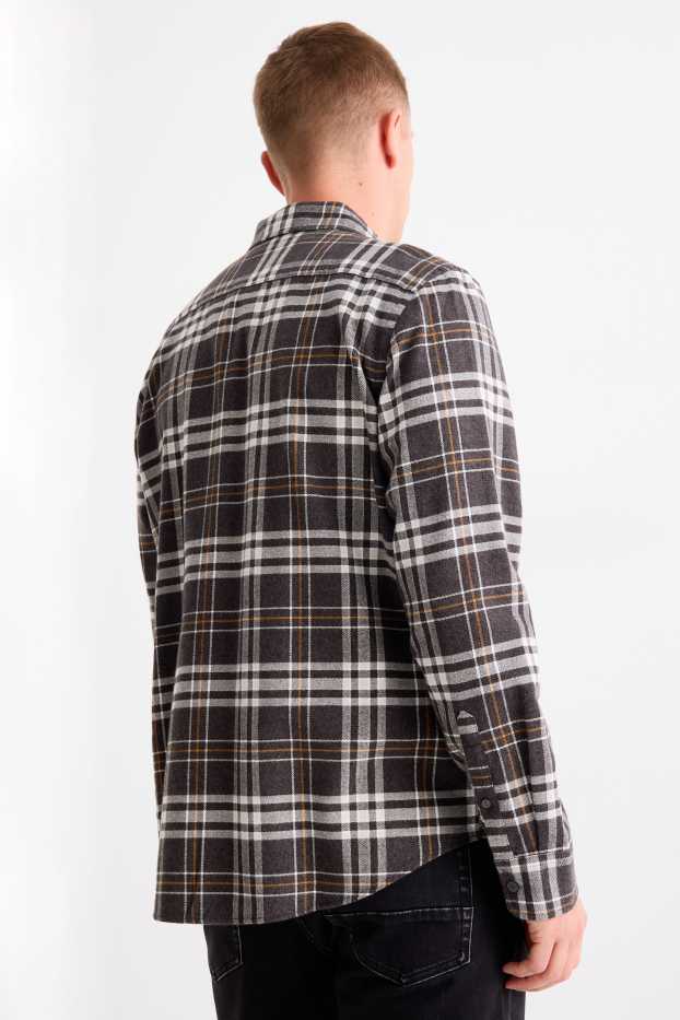 Uomo - Camicia di flanella - regular fit - collo all'italiana - a quadretti - grigio scuro