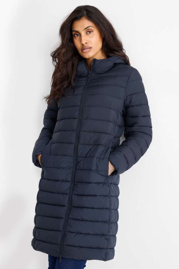 Women - Quilted coat with hood - dark blue