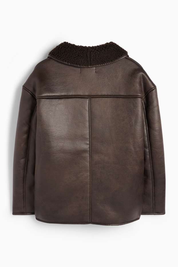 Femmes - Veste imitation mouton - matière synthétique - marron foncé