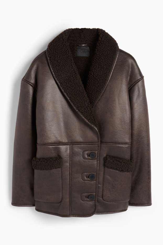 Femmes - Veste imitation mouton - matière synthétique - marron foncé