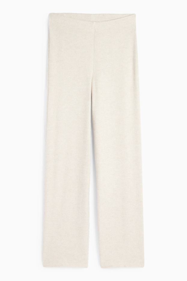 Dames - Gebreide broek - mid waist - wide leg - ribstof - licht beige