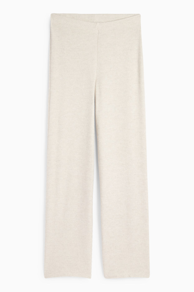 Dames - Gebreide broek - mid waist - wide leg - ribstof - licht beige