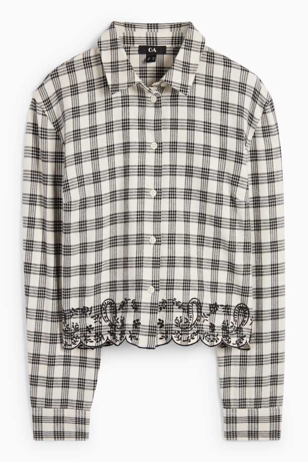 Damen - Flanellbluse - kariert - weiss / schwarz