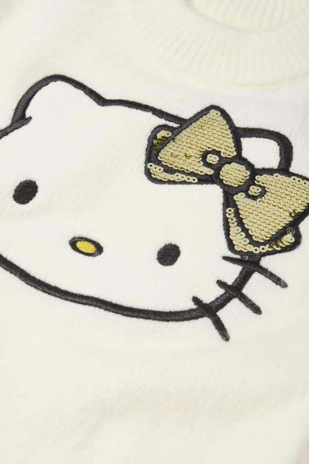 Děti - dívky - Hello Kitty - souprava - pletené šaty, taška a punčochové kalhoty - krémově bílá