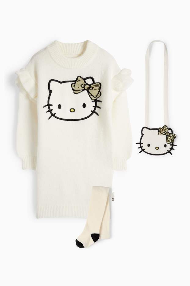Enfants filles - Hello Kitty - ensemble - robe en maille, sac et collants - blanc crème