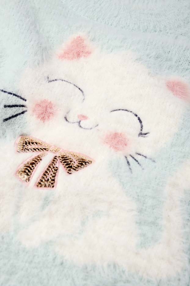 Kinder Mädchen - Katze - Pullover - helltürkis