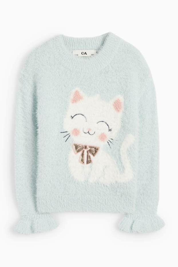 Kinder Mädchen - Katze - Pullover - helltürkis