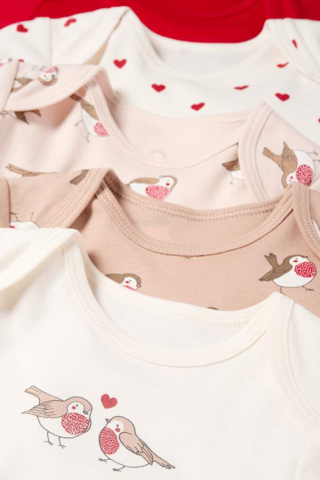 Baby: meisjes - Set van 5 - hartje en roodborstje - rompertje - rood / beige