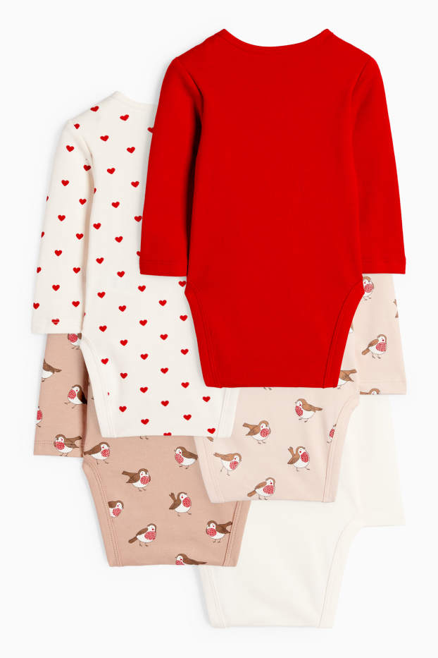 Baby: meisjes - Set van 5 - hartje en roodborstje - rompertje - rood / beige