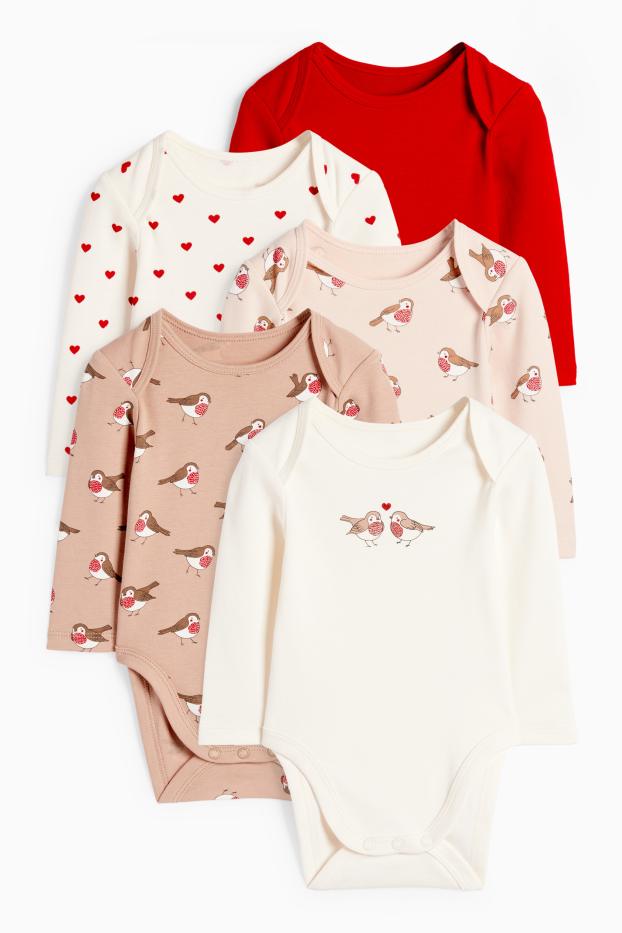 Baby: meisjes - Set van 5 - hartje en roodborstje - rompertje - rood / beige