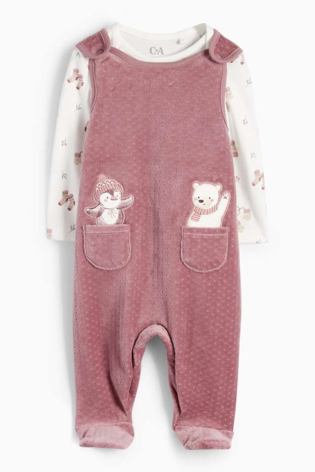 Neonate - Orsetto e pinguino - set con tutina - 2 pezzi - rosa scuro