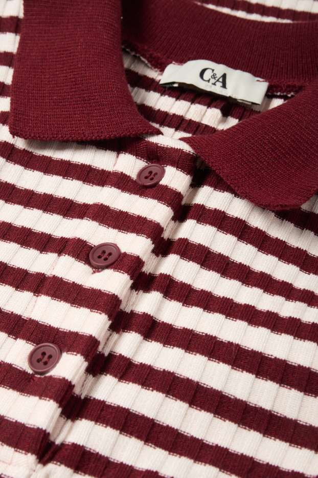Damen - Langarm-Poloshirt - Slim Fit - gerippt - gestrickt - dunkelrot / schwarz
