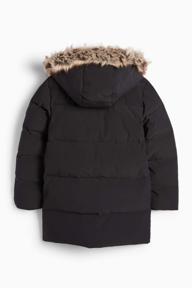 Niños - Chaqueta de plumas con capucha y pelo sintético - negro