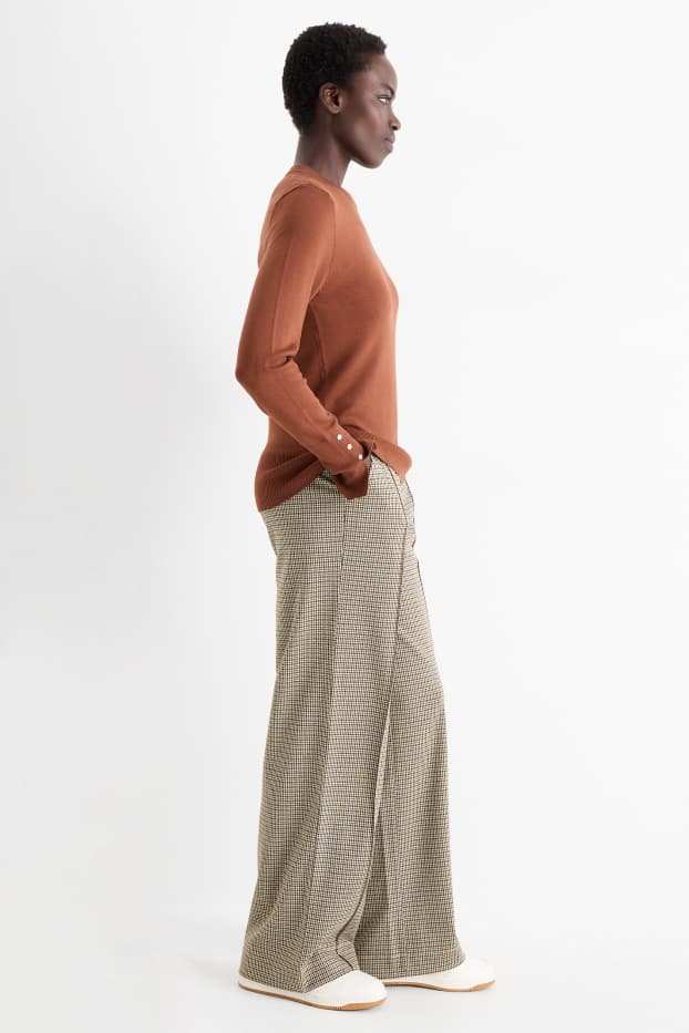 Dámské - Žerzejové kalhoty - high waist - wide leg - kostkované - světle béžová
