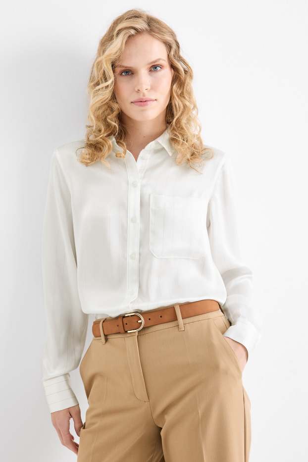 Women - Satin blouse - pinstripes - white